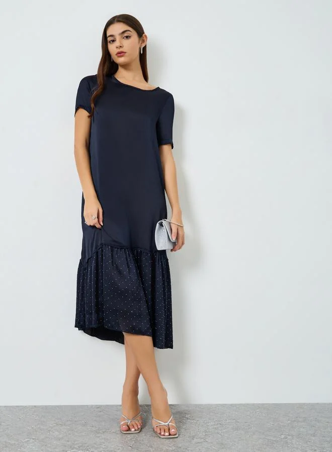 Styli Women Navy Blue Ruffled Hem Midi Dress